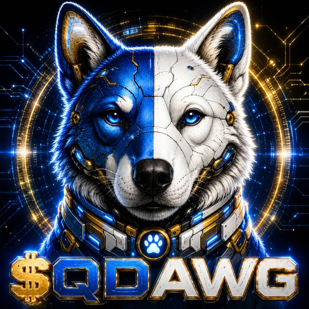 $QDAWG Quantum Dawg logo — split blue and white cybernetic wolf